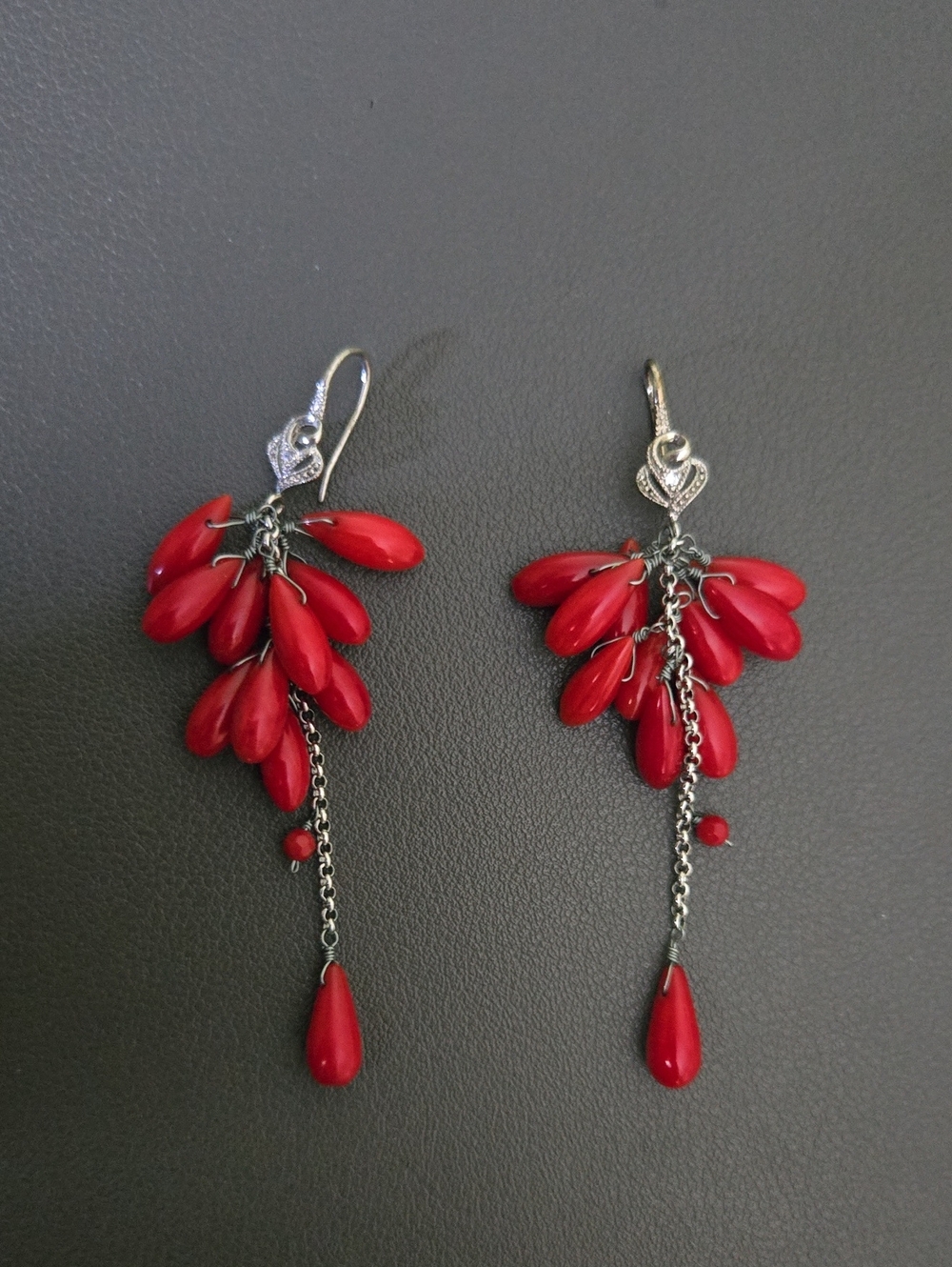 925 Red Coral Dangle Teardrop Cluster Earrings